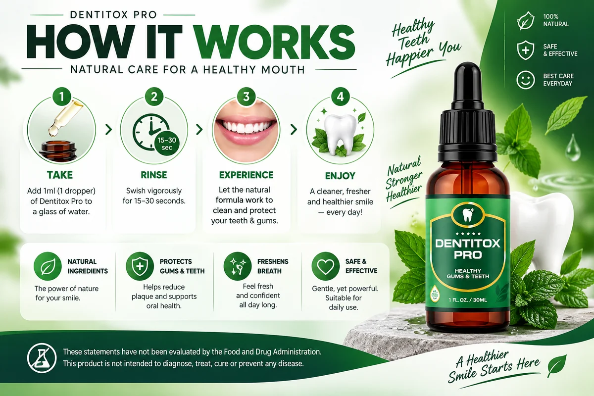 How Dentitox Pro works: liquid drops applied to support gum and tooth health